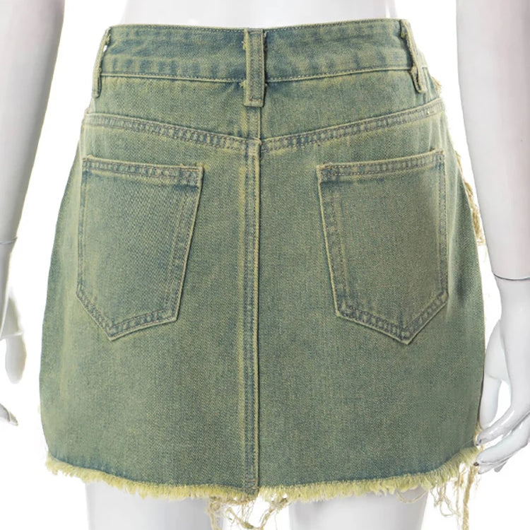 Women's Denim Skirt Do Old Solid Color Burrs Tassel Slim High Waist Short A-line Mini Skirt Autumn Fashion