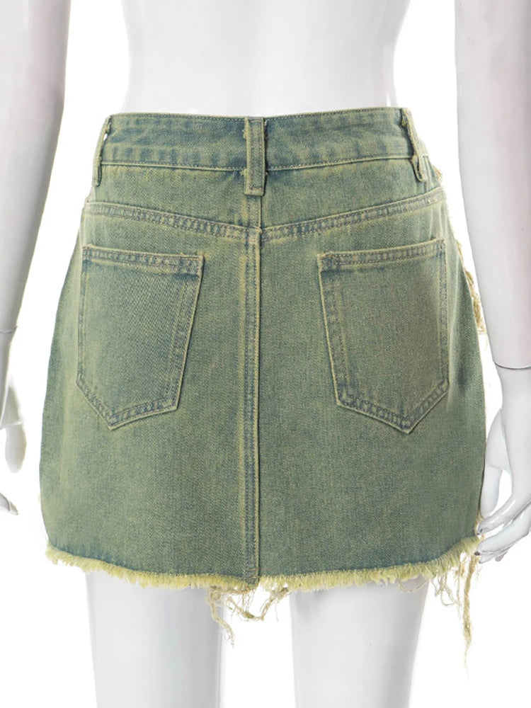 Women's Denim Skirt Do Old Solid Color Burrs Tassel Slim High Waist Short A-line Mini Skirt Autumn Fashion