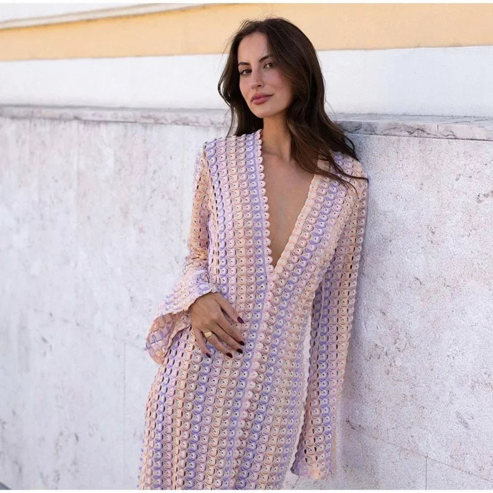 Striped Hooked Crochet Knit Long Dress Women Autumn Long Sleeve A Line Vestidos Female Vintage Commuter Slim Dresses PURPLE