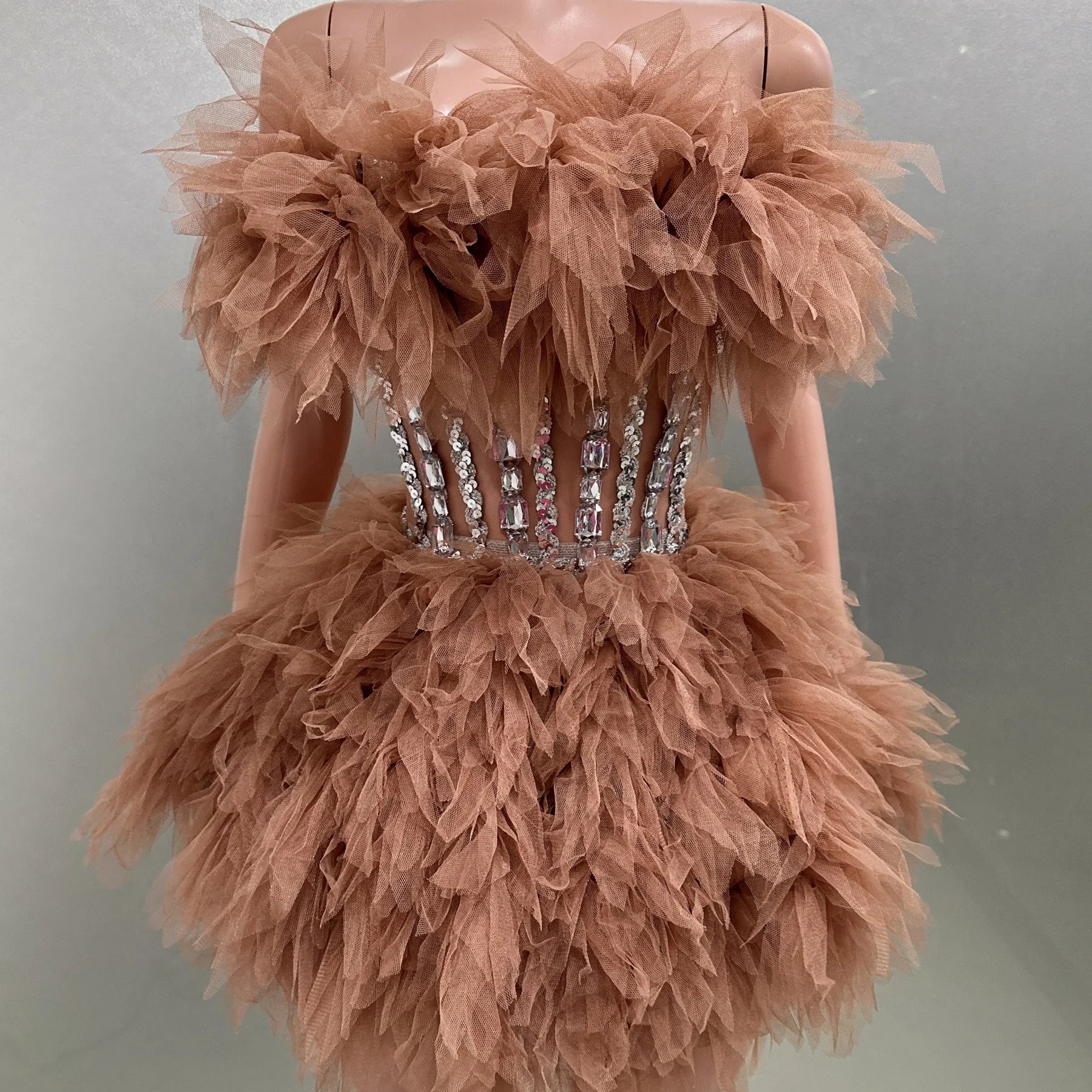 Hot Sale Women Sexy Mesh Ruffles Ball Gown Mini 2 Pieces Dress Lace-up Crystal Birthday Party Celebrate Nightclub Wear