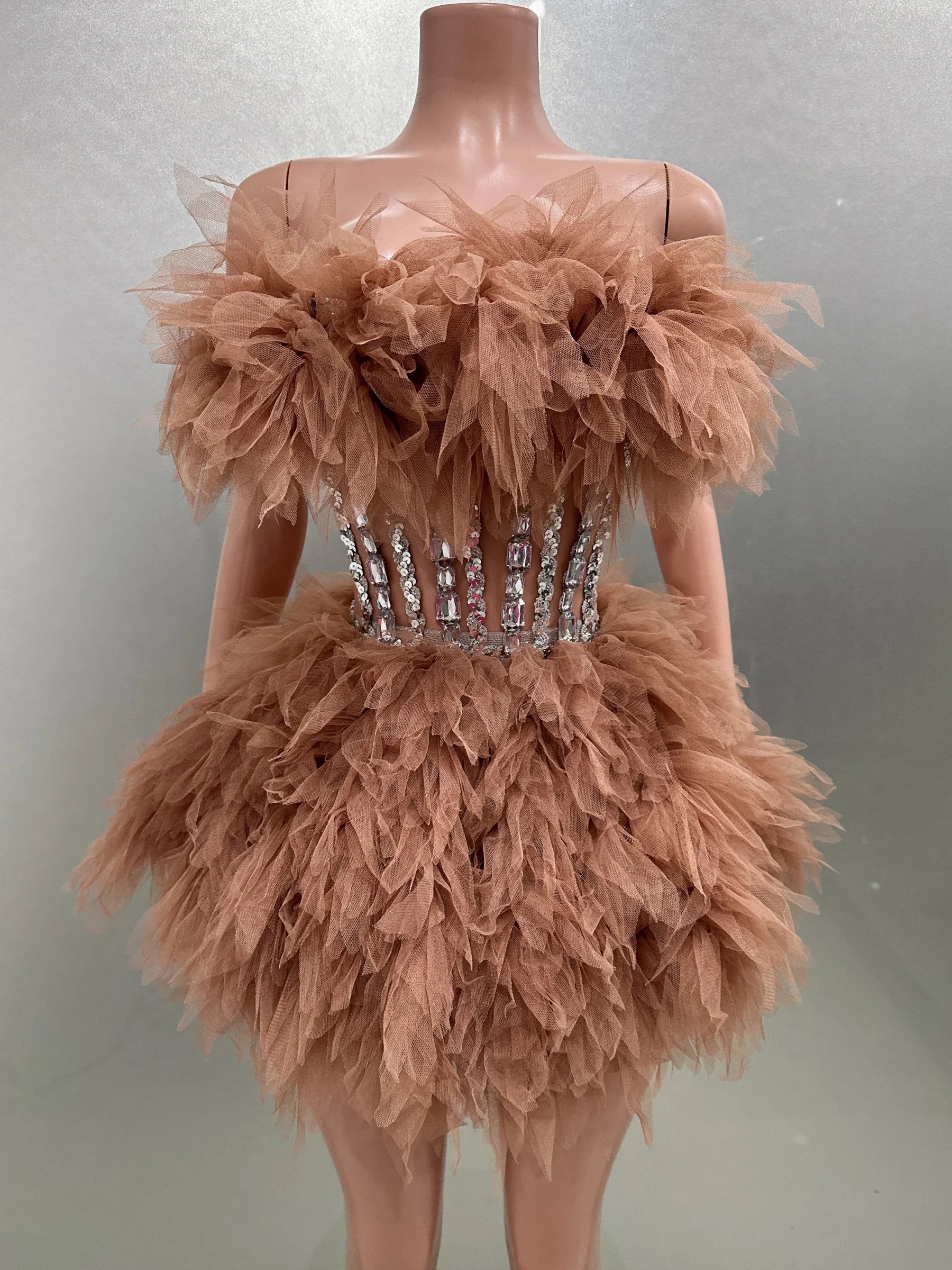 Hot Sale Women Sexy Mesh Ruffles Ball Gown Mini 2 Pieces Dress Lace-up Crystal Birthday Party Celebrate Nightclub Wear