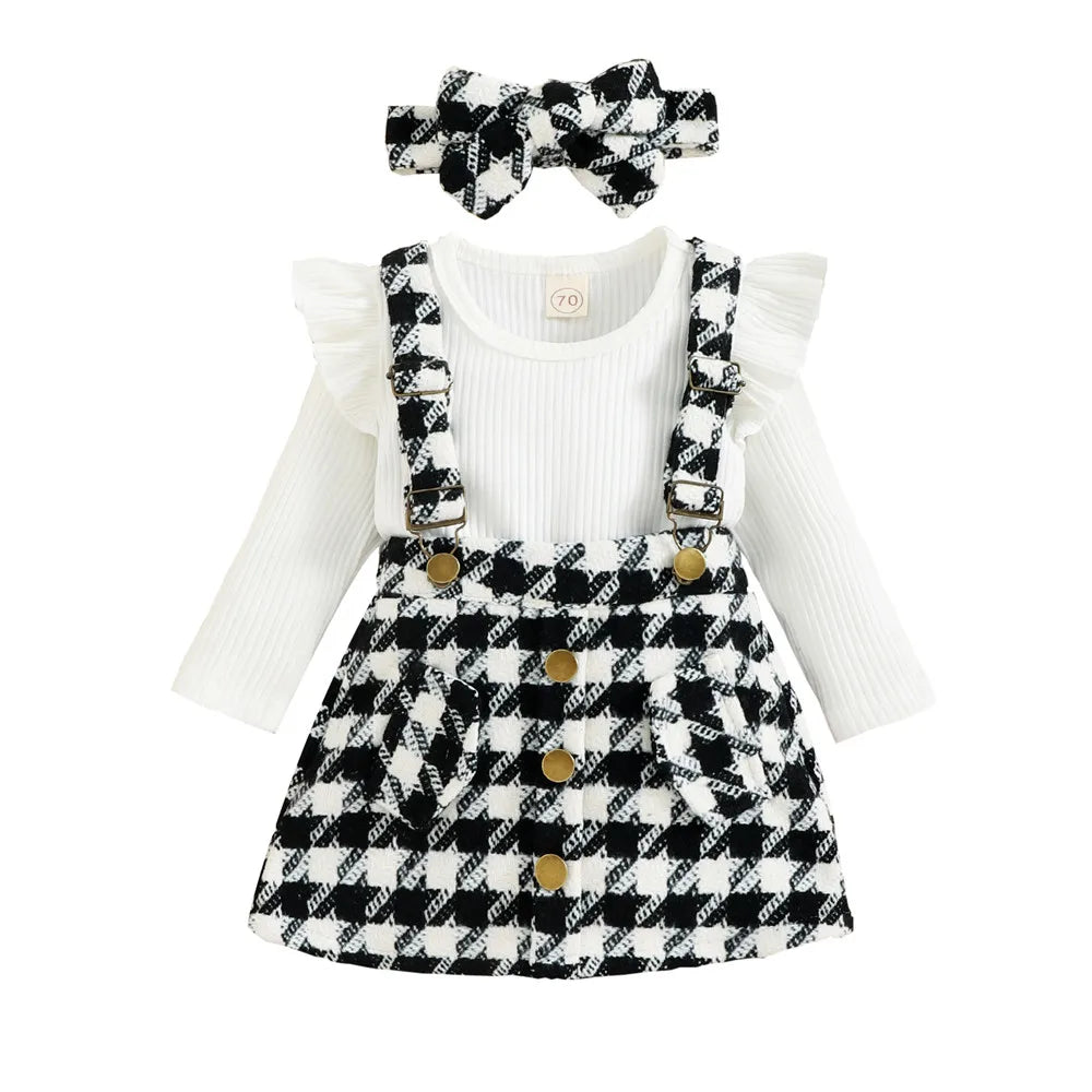 Autumn Winter Toddler Kids Clothes Girls Ruffles Long Sleeve Knitted Bodysuits Tops+Plaid Suspender Button Dress+Headband Sets A