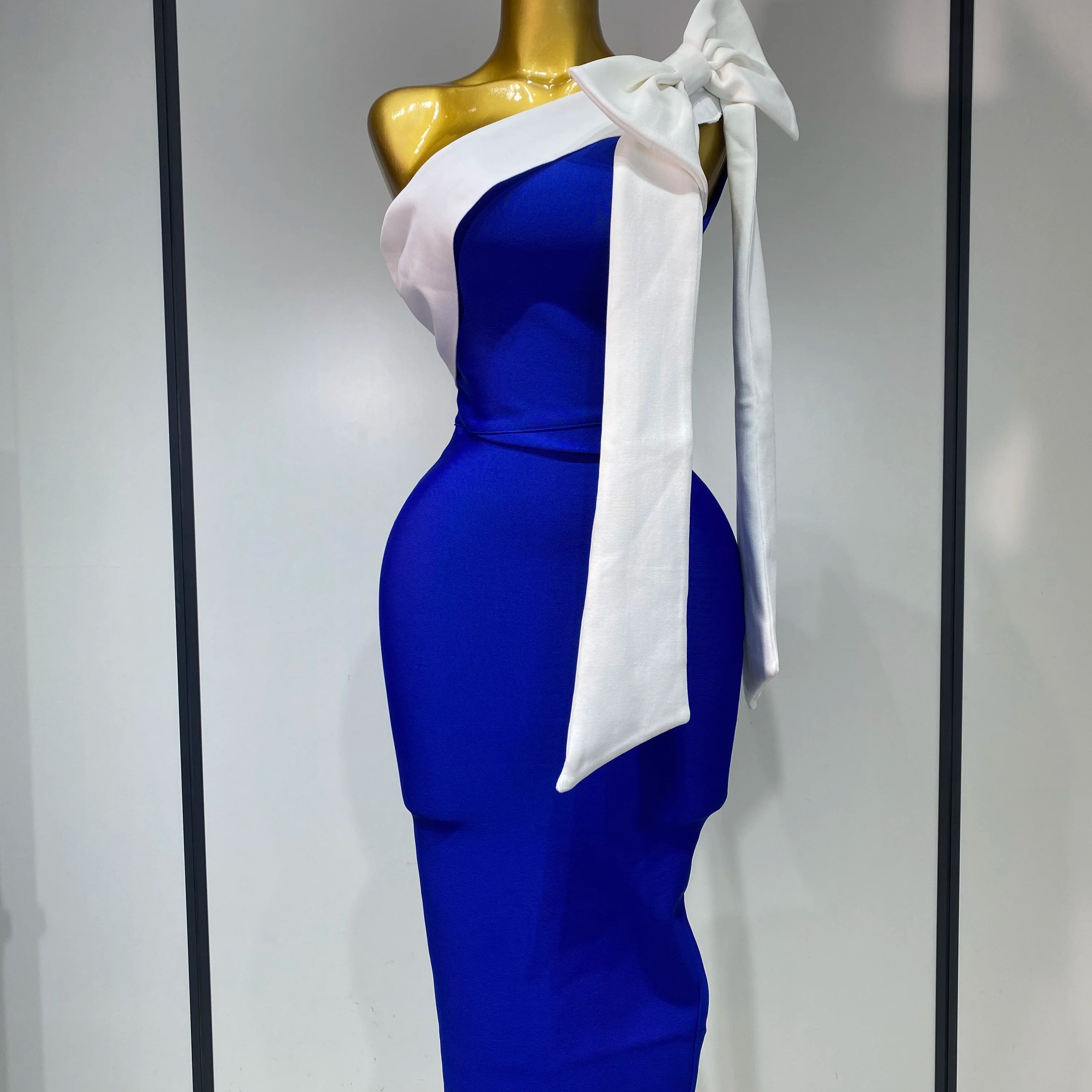 Women Sexy One Shoulder Splicing Bow Bodycon Bandaged Dress Celebrity Elegant Evening Party Luxury Birthday Banquet Dress