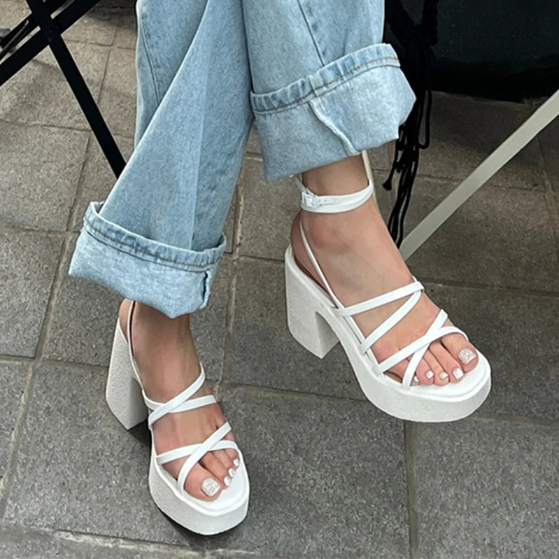 Brand Women High Heels Party Shoes Chunky Sandals Summer Cross Tied Sexy Pumps Rome Ladies Shoes Slippers Mujer Zapatos