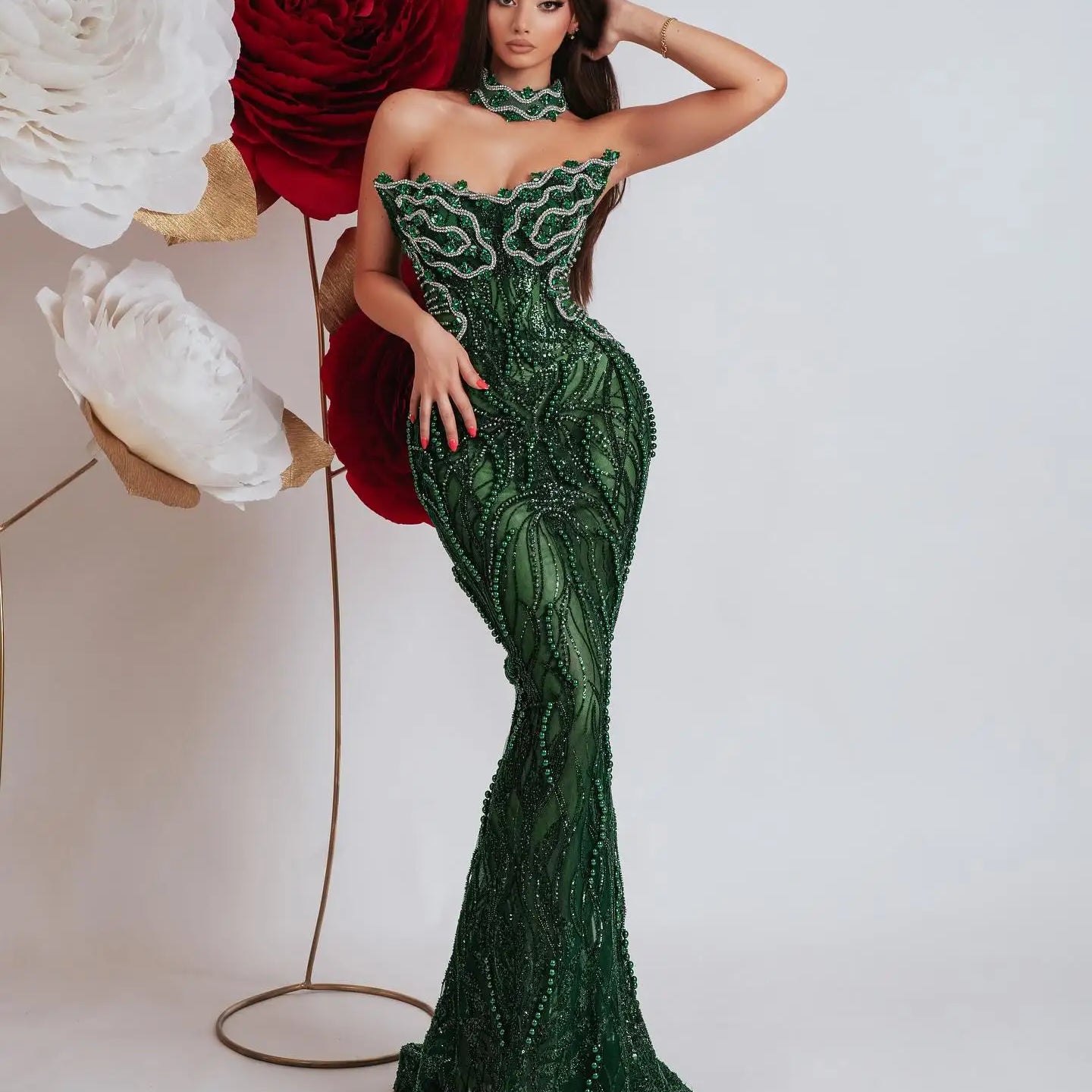Dark Green Shining Sequin Neck Chain Strapless Ankle Length Dress Woman Cocktail Party Dress Celebrity Birthday Party Vestido