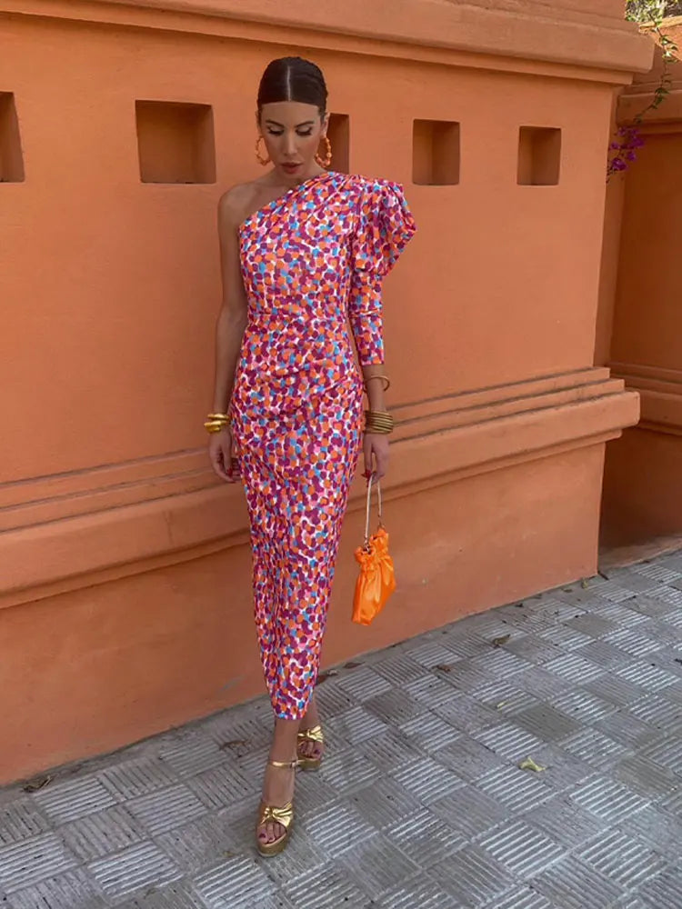 Women's Diagonal Shoulder Printed Maxi Dresses Fashion Asymmetric Long Puff Sleeve Dress New Lady Party Club Vestidos
