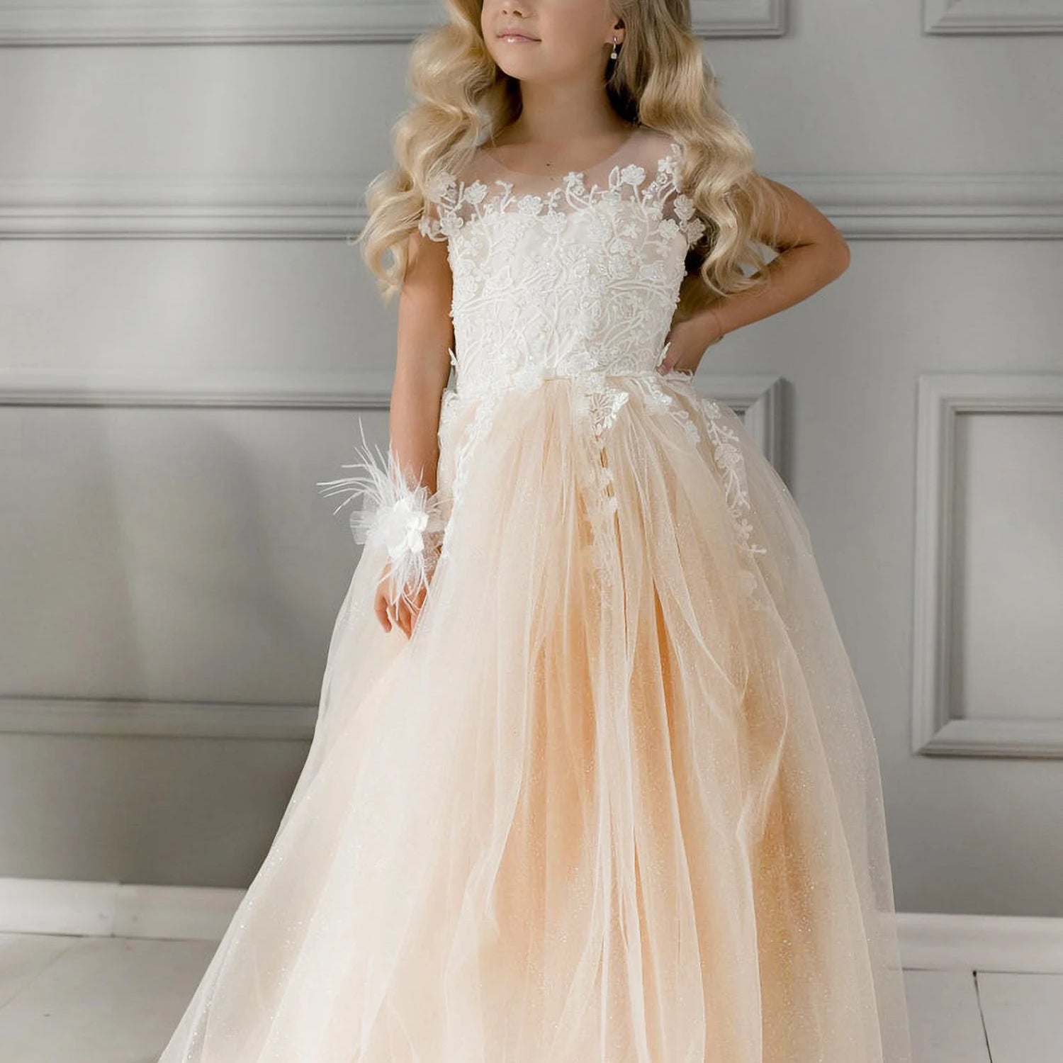 2-14 Years Lace Tulle Flower Girls Dress Princess for Kid Child Wedding Party Junior bridesmaid Maxi Ball Gown Evening AS Pic MC2301