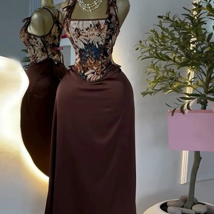 CM.YAYA Women's Dress Set Print Bow Corset Top and Maxi Long Skirt Suit 2025 Summer Elegant Evening Two 2 Piece Set Outfits