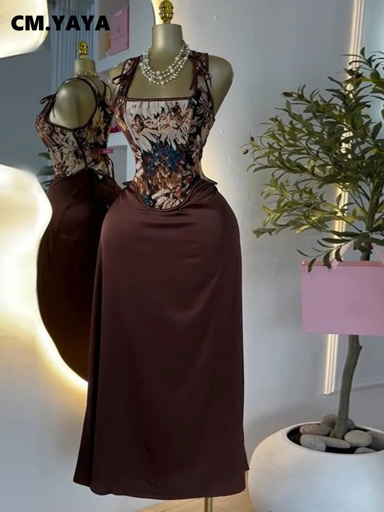 CM.YAYA Women's Dress Set Print Bow Corset Top and Maxi Long Skirt Suit 2025 Summer Elegant Evening Two 2 Piece Set Outfits