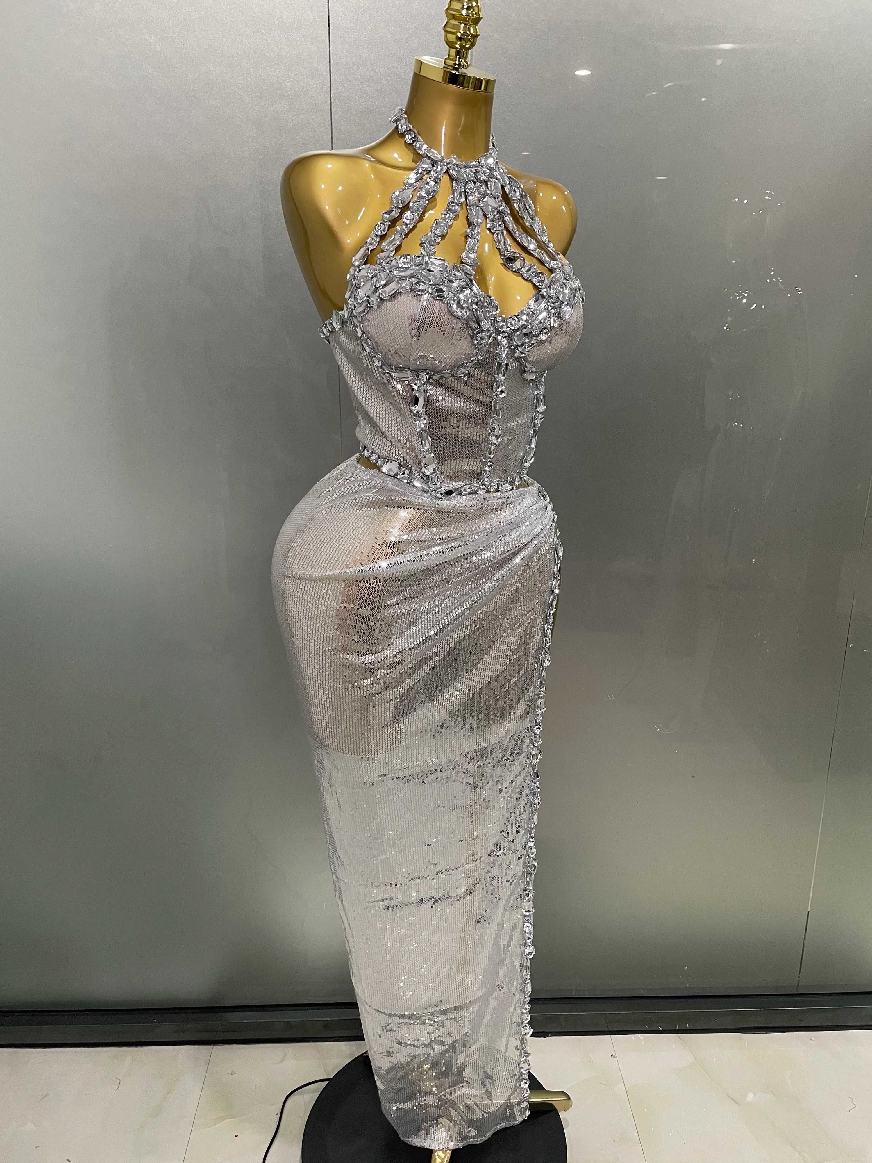 Sexy Luxury Shiny Diamond Sequins Cocktail Dress 2Pcs Set 2025New Women Evening Celebrate Birthday Party Nightclub Stage costume