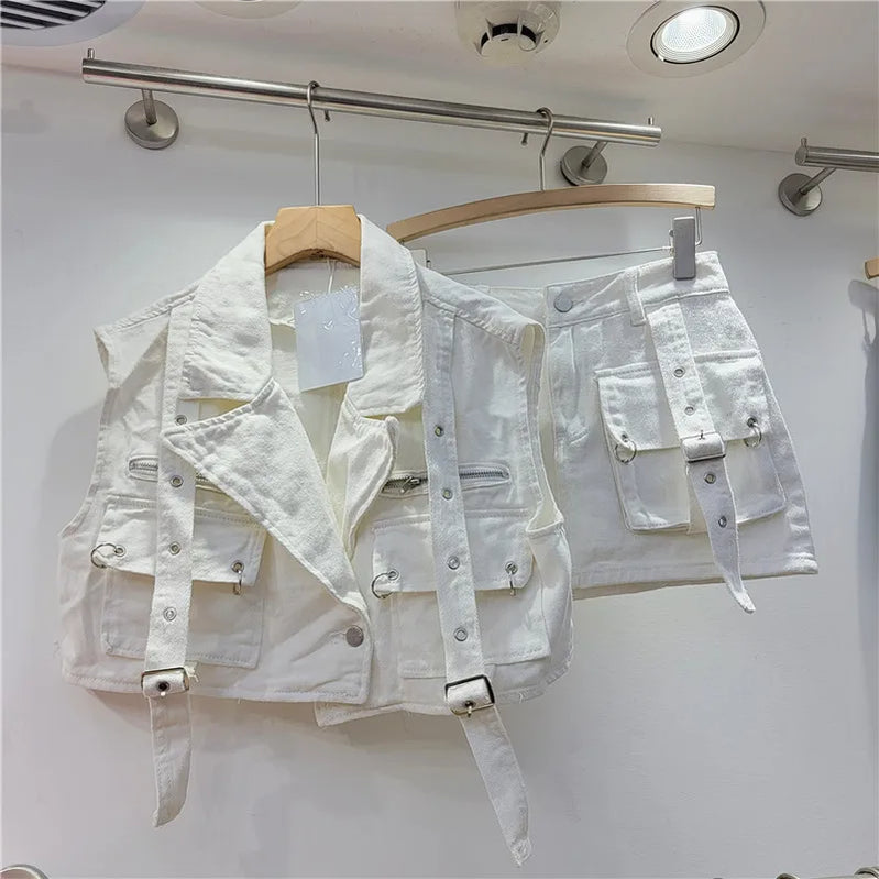 Retro Pink Large Pocket Denim Suit Spring Summer Sleeveless Short Vest High Waist Hip Wrapped Skirt 2 Pieces Sets Women Outfits WHITE