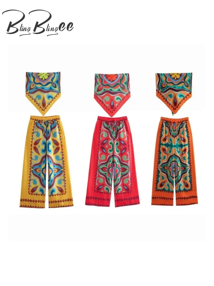 BlingBlingee Summer Printed Women Wide Pants Satin Suits Traf Asymmetric Sleeveless Strapless Crop Top Female Sets Y2K