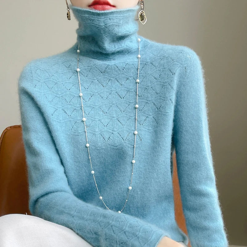 Fashion Cashmere Jumper 100% Merino Wool Pullover Winter High Neck Solid Long Sleeve Women's Seamless Hollow out Knitted Sweater Lake Blue