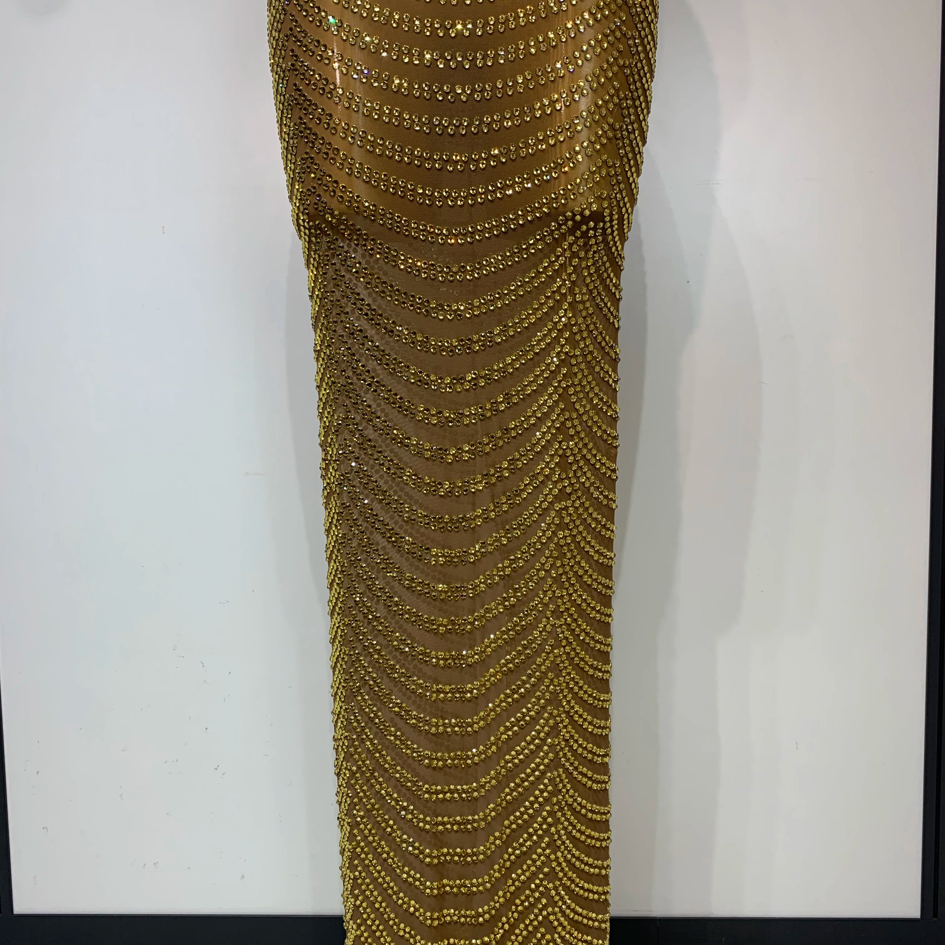 Women Sexy Sparkly Rhinestone Gold Maxi Dress Mesh See Through Evening Party Singer Stage Perform Costume Luxury Birthday Gown