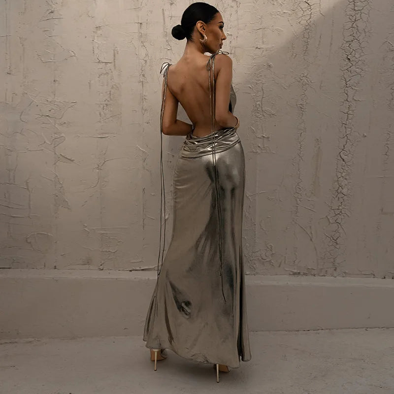 Ladies New Elegant Evening Party Dress Women Sleeveless Backless Sexy Bodycon Maxi Dresses Female Clubwear Fashion Prom Outfits Gold 1