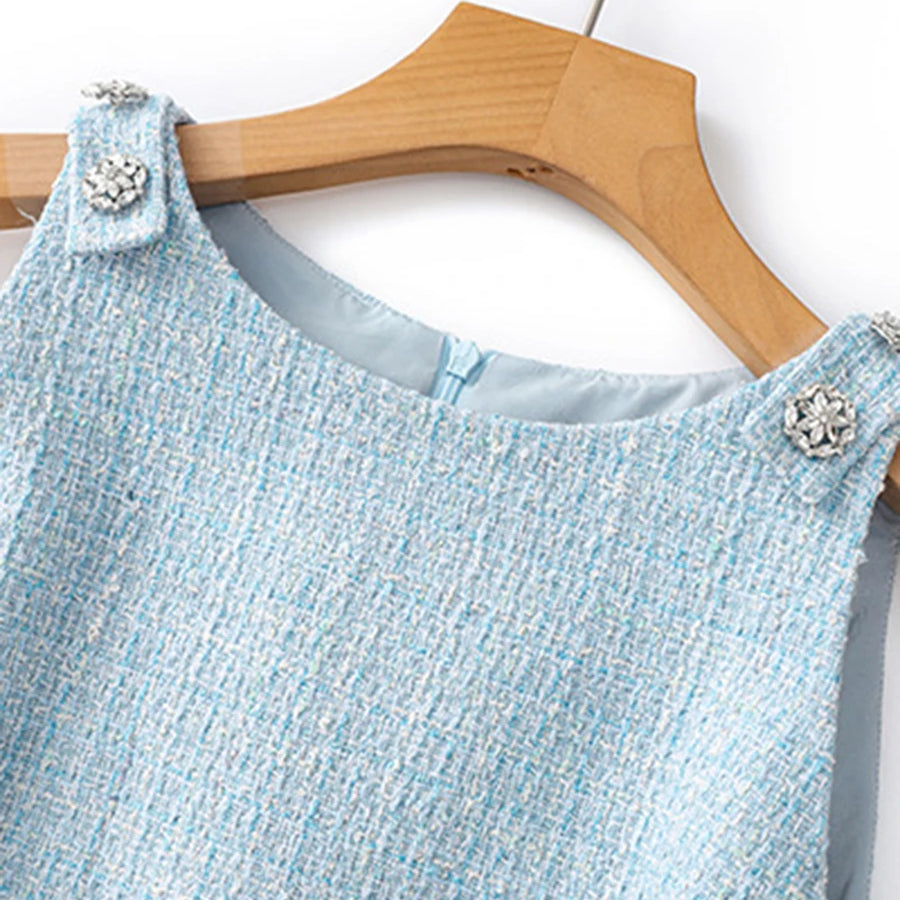 TWOTWINSTYLE Solid Slimming Spliced Button Dresses for Women Round Neck Sleevless Temperament Mini Dress Female Fashion Clothing