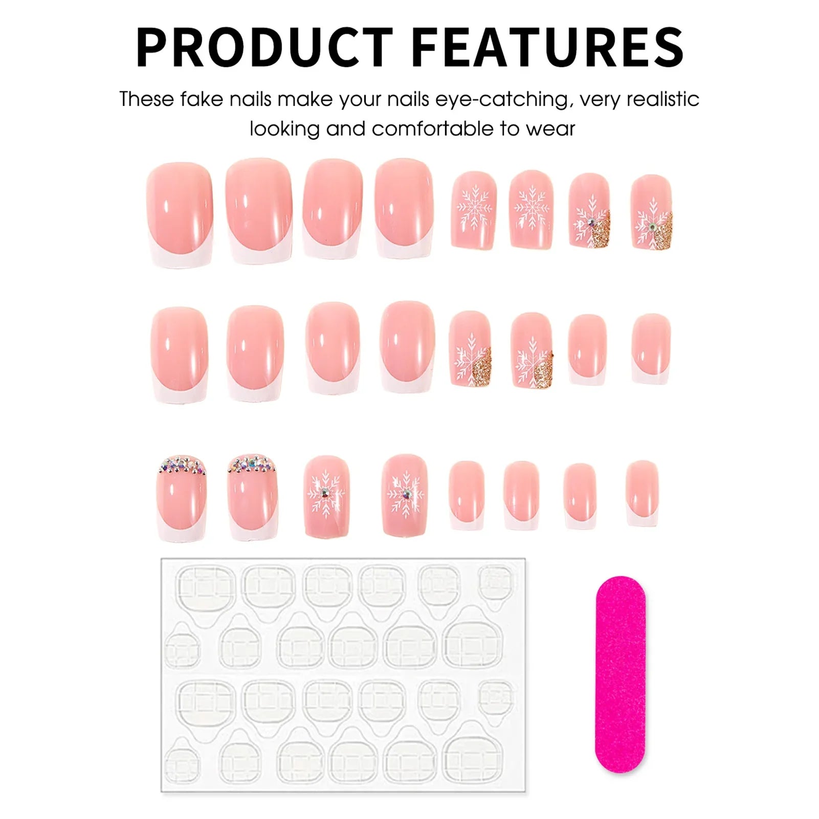 Nude Pink Fake Nails 24Pcs White French Press On Nails Snowflake Printed Women Girls Christmas Party Wearable False Nails Art