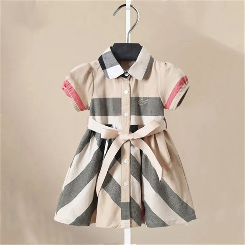 Girl Dress Fashion Plaid Shirt Dress for Girls Single-breasted Kids Party Dress with Sashes Autumn England Clothes for Girls Beige