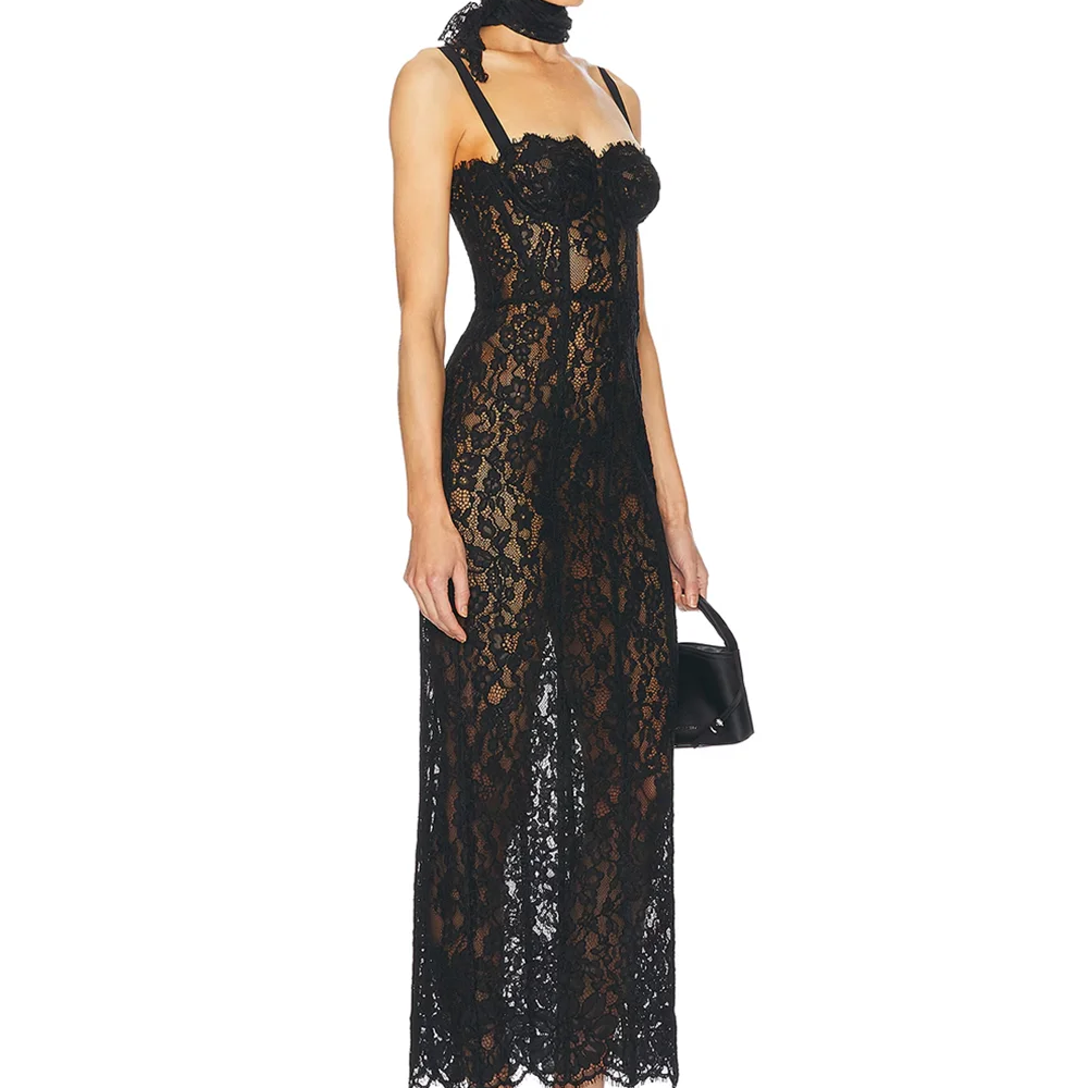 Elegant Lace Spaghetti Strap Long Dress Women Slim Sleeveless Sling Evening Party Gowns 2025 Summer New Female Fashion Robe