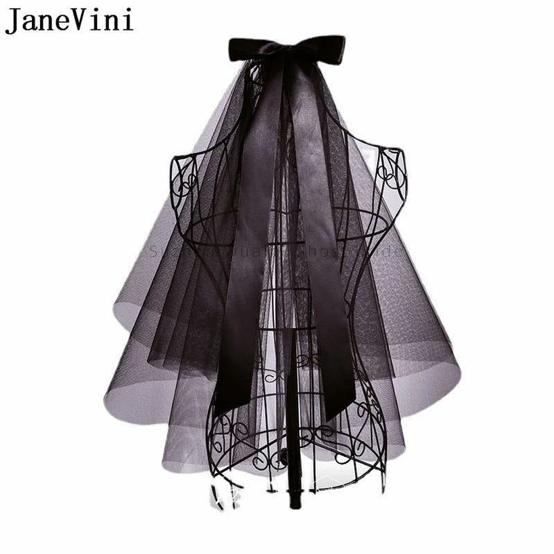 Gothic Black Wedding Veil with Comb Short 2 Layers Bow Tulle Bridal Veils Bride Veil for Bachelorette Party Accessories