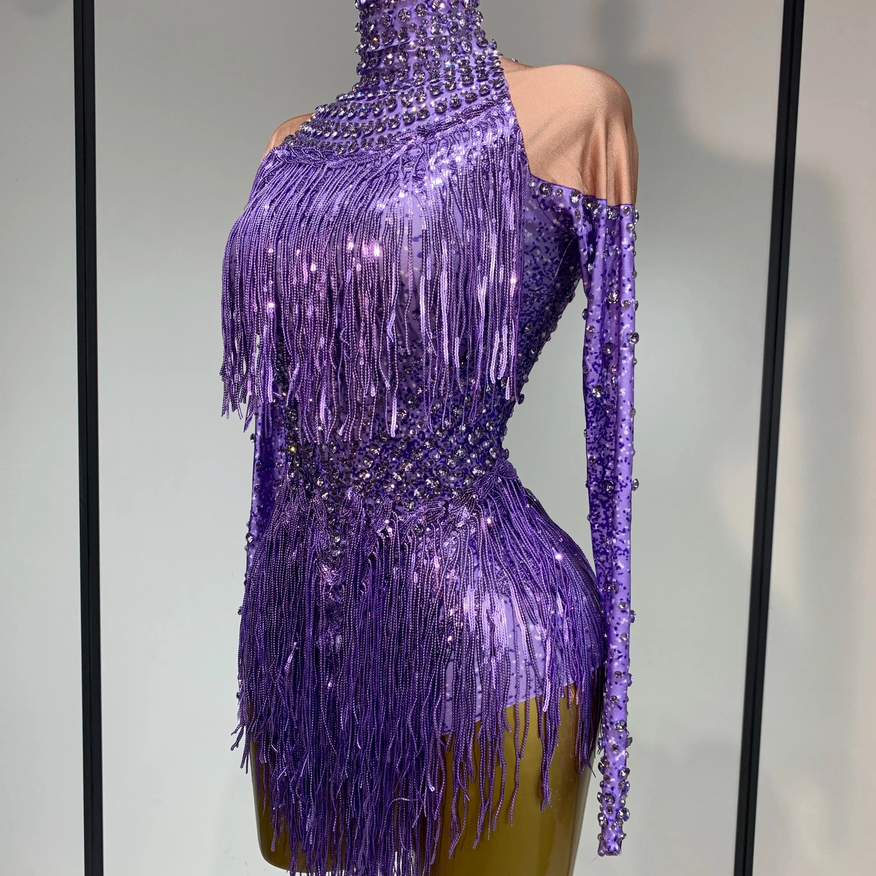 Women Sexy Purple Red Stretchy Long Sleeve Bodysuit Nightclub Singer Dancer Tassel Stage Costume Evening Party Birthday Outfit