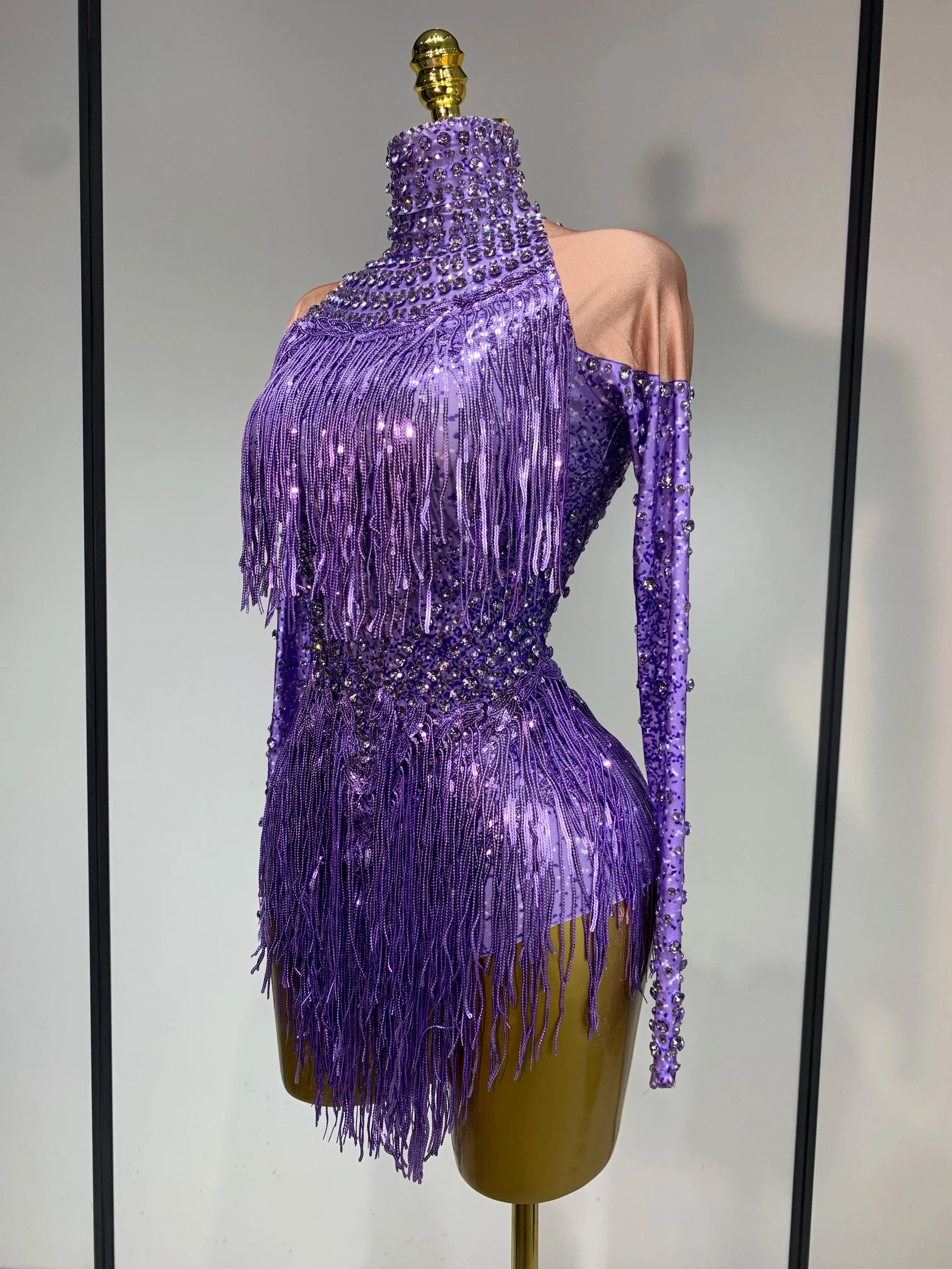 Women Sexy Purple Red Stretchy Long Sleeve Bodysuit Nightclub Singer Dancer Tassel Stage Costume Evening Party Birthday Outfit