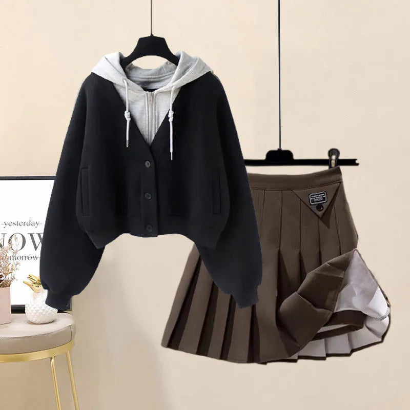 Autumn New Plush and Thick Patchwork Hoodie Jacket Pleated Mini Skirt Two-piece Elegant Women's Skirt Set Outfits 2pcs set 05