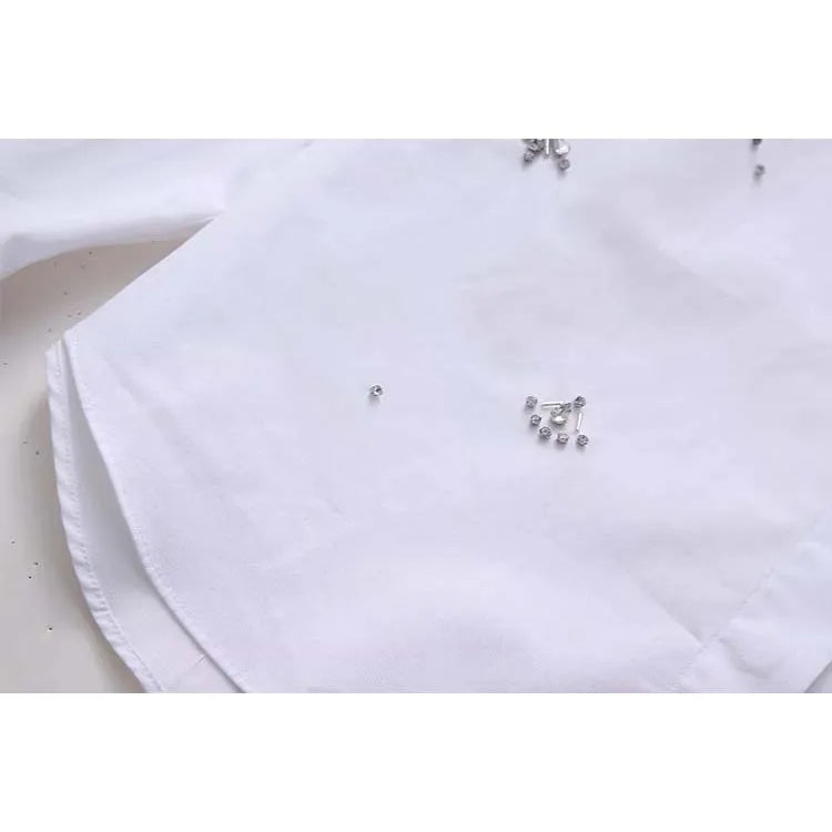 White Shirt Women Rhinestone Button up Shirts for Women Long Sleeve Shirts and Blouses Woman Asymmetric Tops