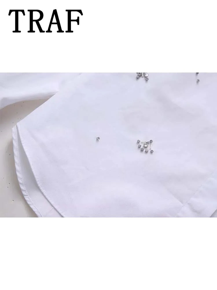 White Shirt Women Rhinestone Button up Shirts for Women Long Sleeve Shirts and Blouses Woman Asymmetric Tops