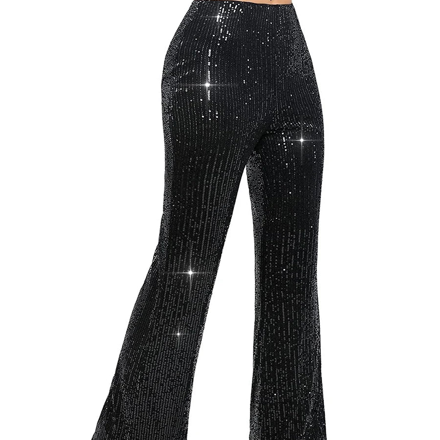 Women Glitter Sequin Wide Leg Pants High Waist Flared Bell-bottom Trousers Slim Fit Party Clubwear Shiny Sparkly Pants