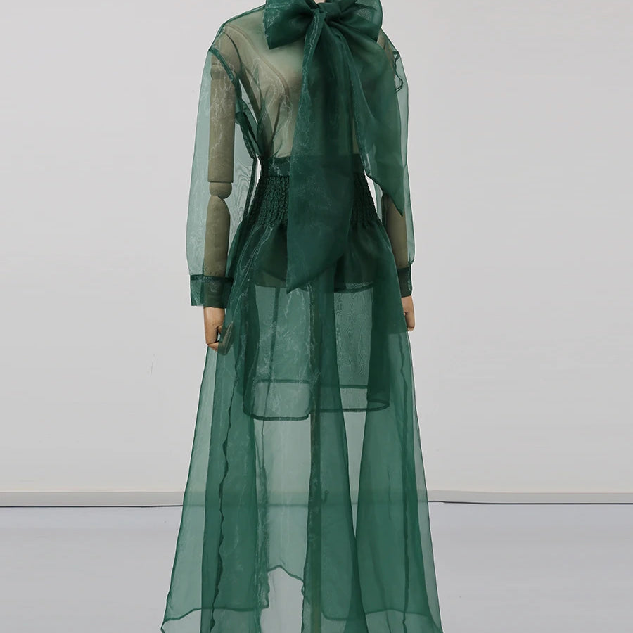 TWOTWINSTYLE Solid Sheer Two Piece Sets for Women Round Neck Long Sleeves Spliced Bowknot Top High Waist Skirt Set Female New