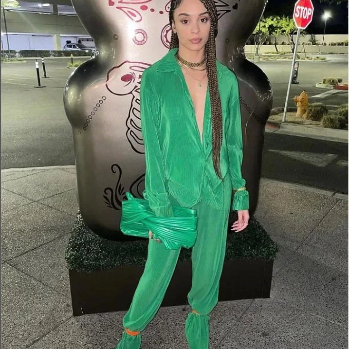 CM.YAYA Street Women's Set Long Sleeve Shirt Tops and Wide Leg Pants Elegant Tracksuit Two Piece Set Sweatsuit Fitness Outfits