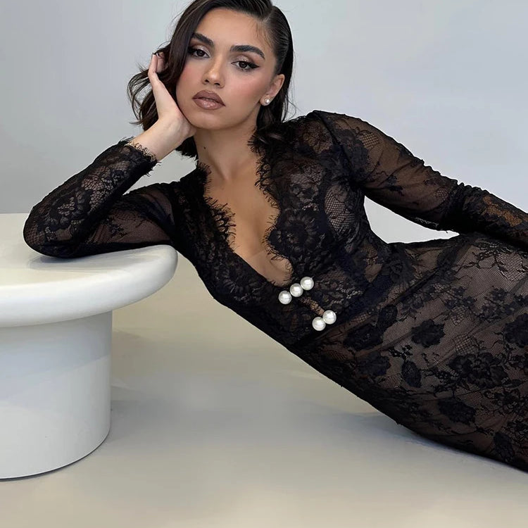 VC Black Long Dresses For Women Sexy V Neck Long Sleeve Lace Evening Maxi Gown Fashion Summer Dresses 2024