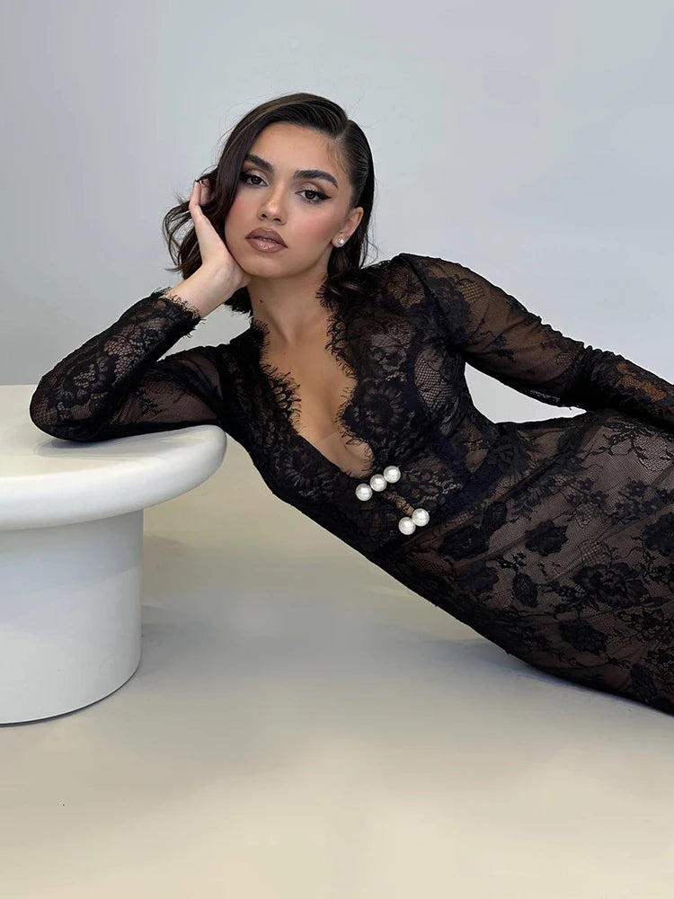 VC Black Long Dresses For Women Sexy V Neck Long Sleeve Lace Evening Maxi Gown Fashion Summer Dresses 2024