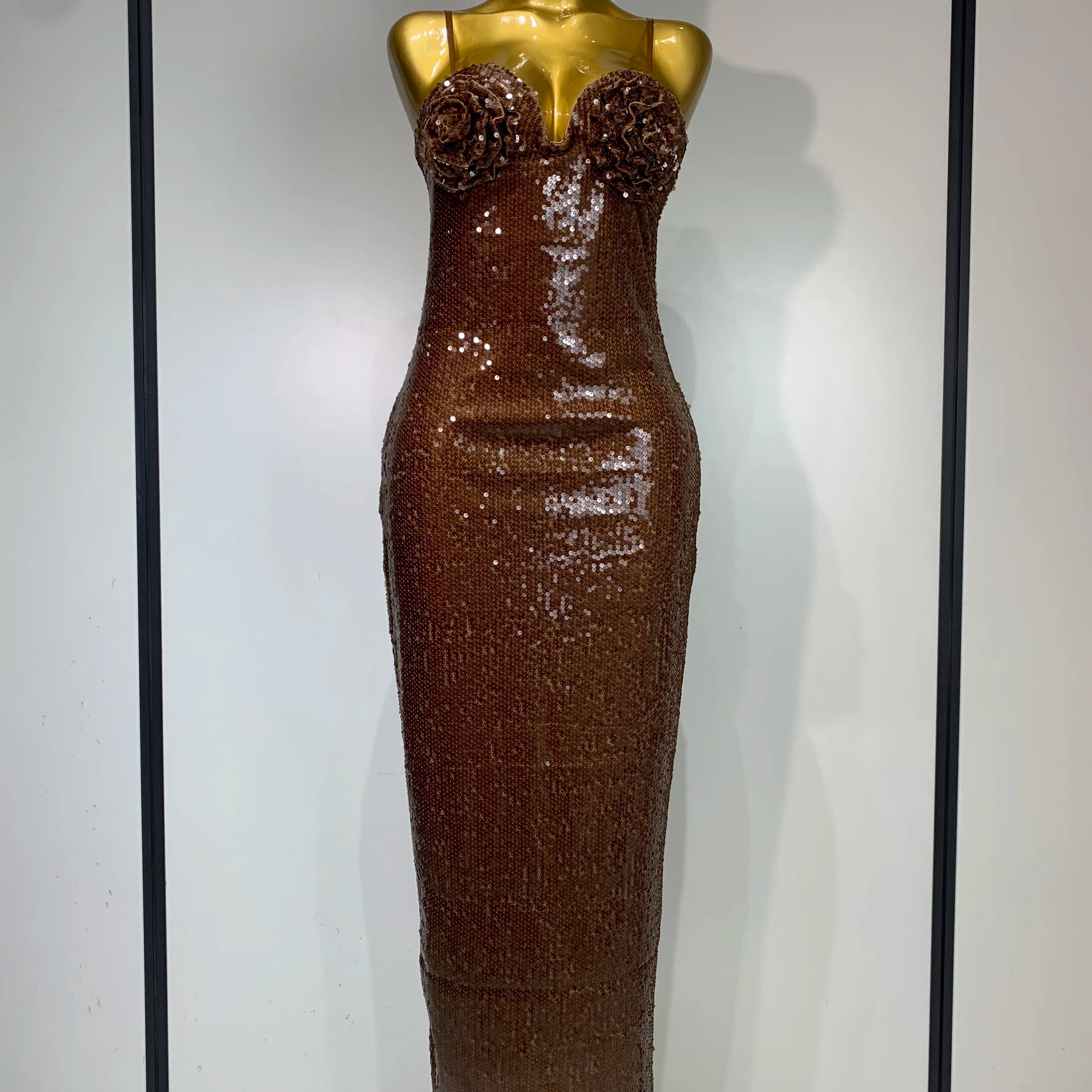 Women Luxury Sexy Sleeveless Backless Mesh Sequins Flower Brown Bodycon Maxi Dress Club Elegant Celebrity  Evening Party Dress