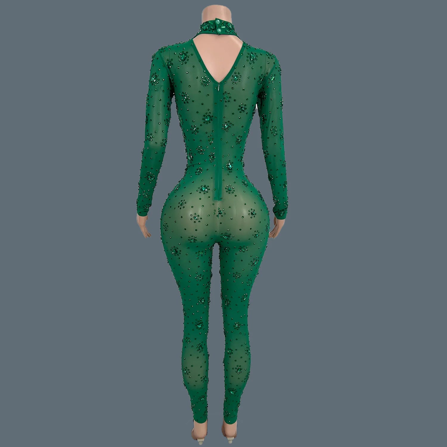 Sparkly Rhinestone See Through Mesh Tight Fitting Jumpsuit Women Night Party Outfit Female Singer Stage Performance Wear Cuican