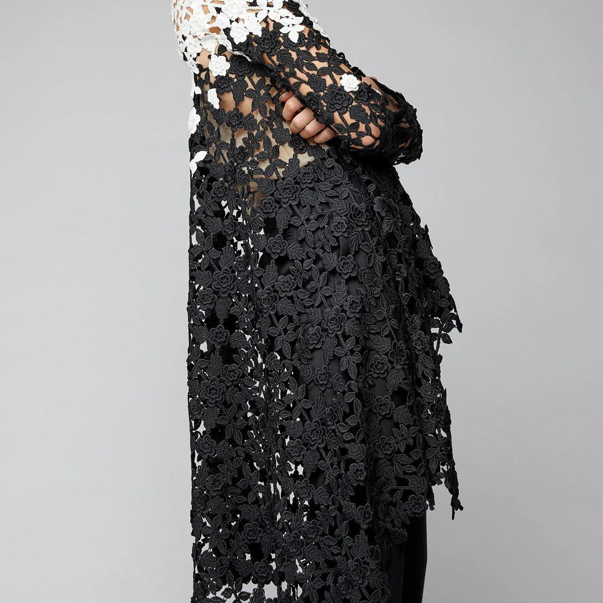 Asymmetrical Top Women Lace Hollow Out Shirt Long Sleeve Irregular Floral Guipure Colorblock Stand Collar Female Loose Blouse