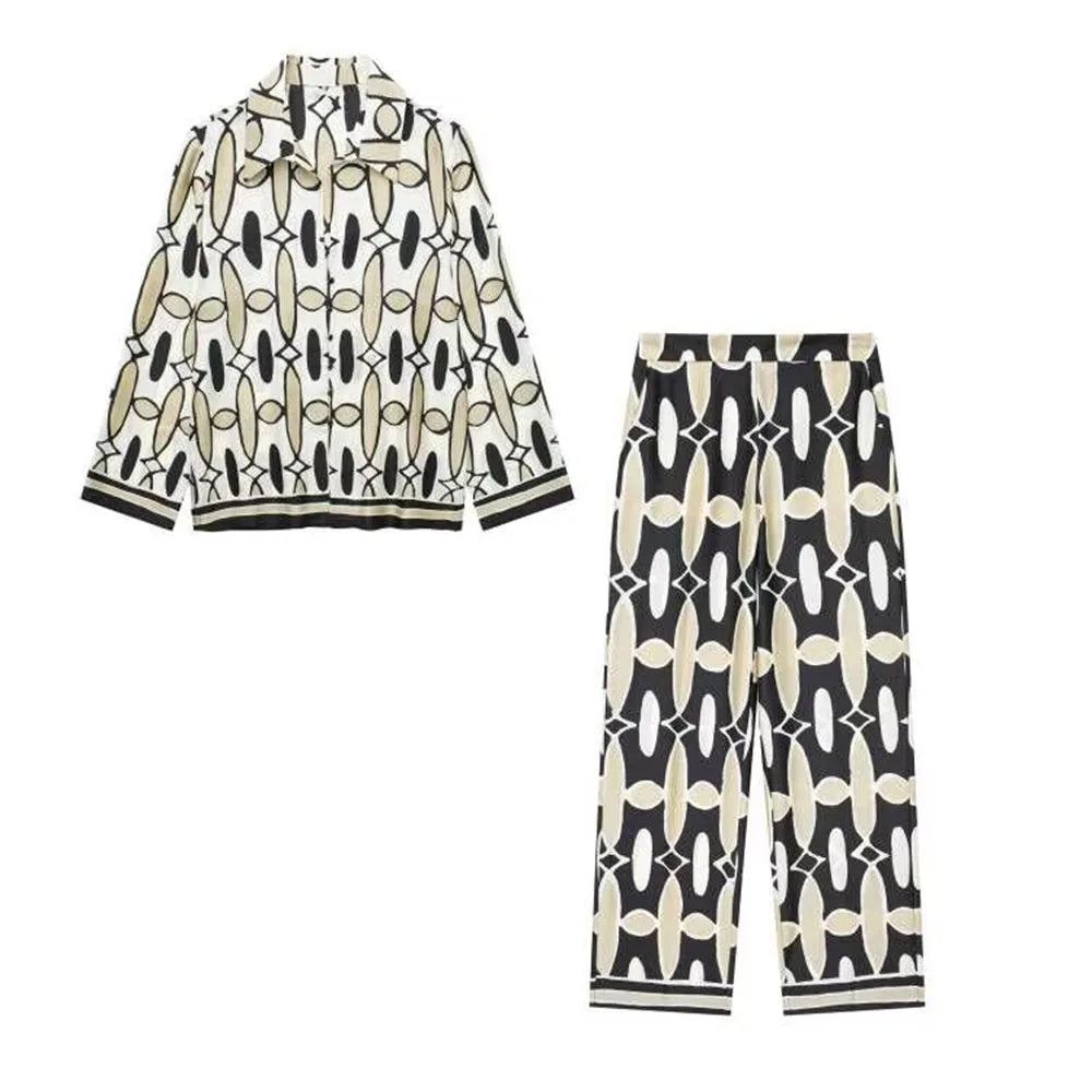 TRAF Women 2 Pieces Set Casual High Waist Pockets Elastic Waist Wide Leg Pant+Chic Printed Lapel Long Sleeve Shirt Blouse Print Suit