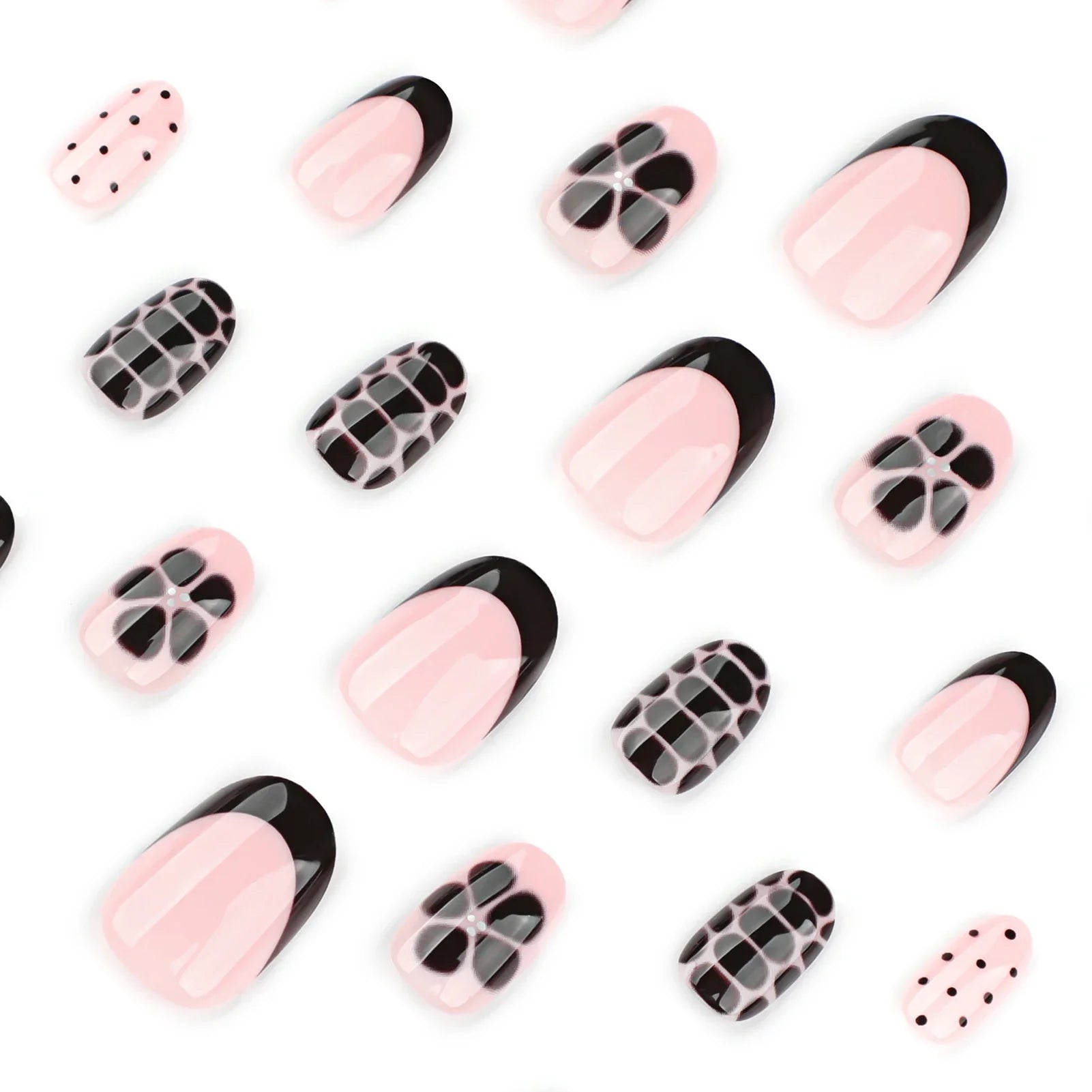 Short Oval Shaped False Nails 24Pcs Black French Press On Nails Flower/Dot Printed Cool Girls Charm Manicure Stick-on Fake Nails