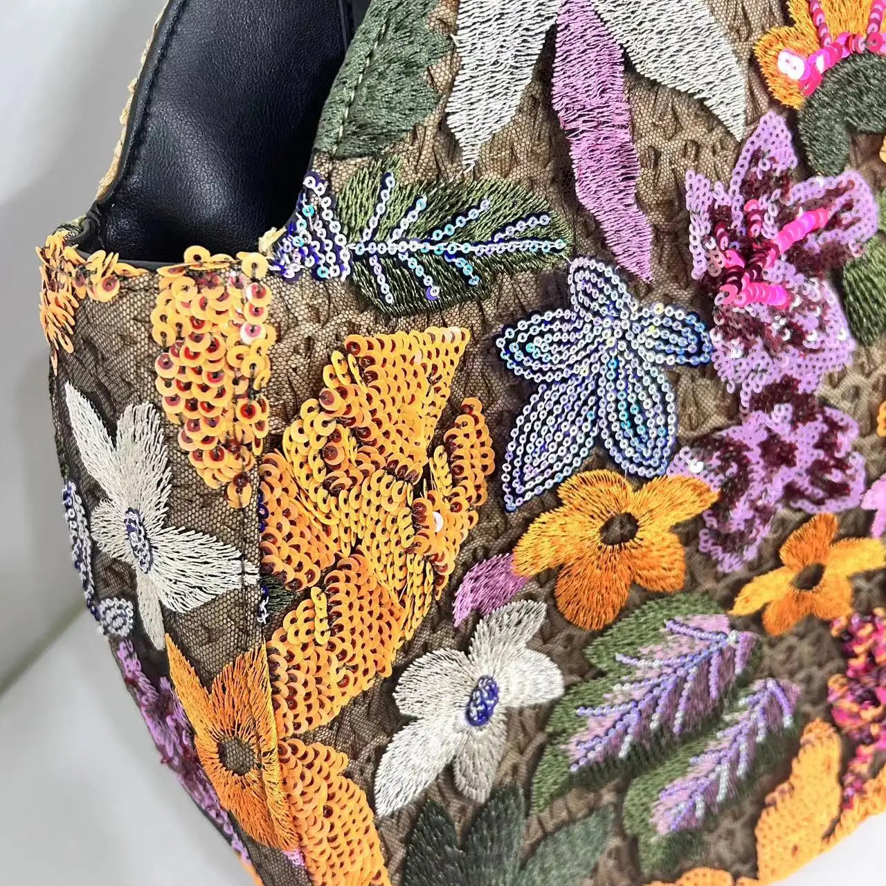 Women' Handbag Sequins Flower Round Straw Braid Large Capacity Tote Bag