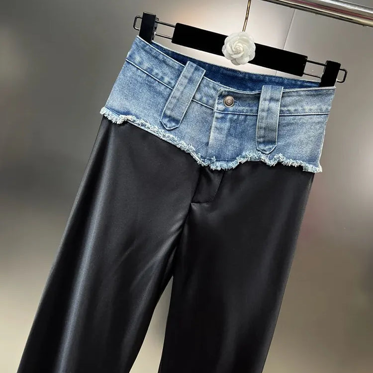 DEAT Denim Patchwork Straight Pants Women's High Waist Slim Personality Streetwear Versatile Trousers 2023 Summer New 11XX4063