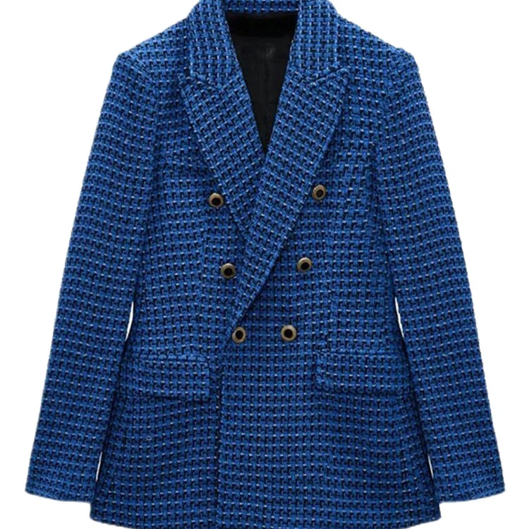 Women's Double-Breasted Tweed Jacket Fall And Winter New Fashion Blazer Retro Long-Sleeved Flap Pockets Women's Top Jacket Blue-S19