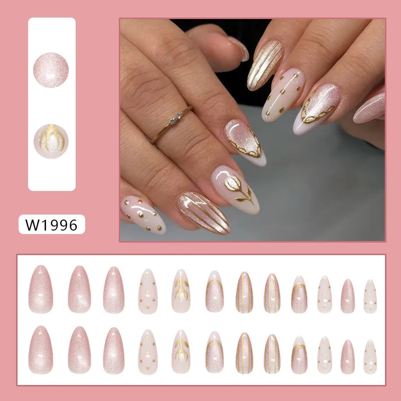 24pcs False Nails Glossy Green Summer Almond Fake Nail Tips Wearable Detachable Fashion Flower Print Press on Nails for Girl