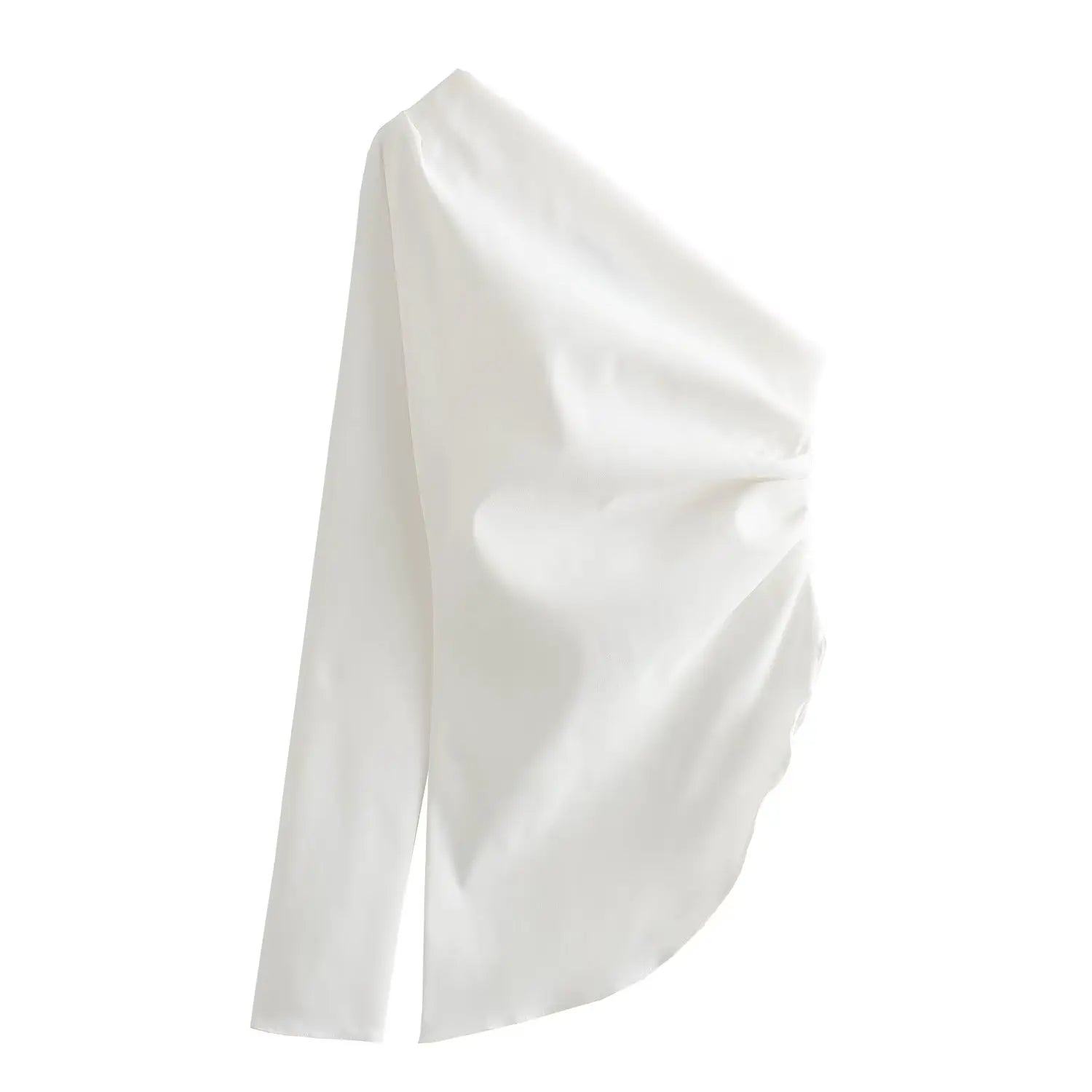 Autumn Vintage Women Solid Shirt Folds Asymmetrical One-Shoulder Shirt Skew Collar Shirt Women Elegant Mujer Tops as picture 1