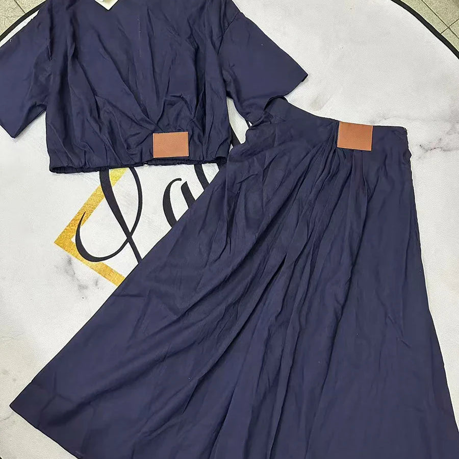 Solid Causal Two Piece Sets for Women Lapel Short Sleeves Spliced Zipper Top High Waist Skirt Set Female Fashion