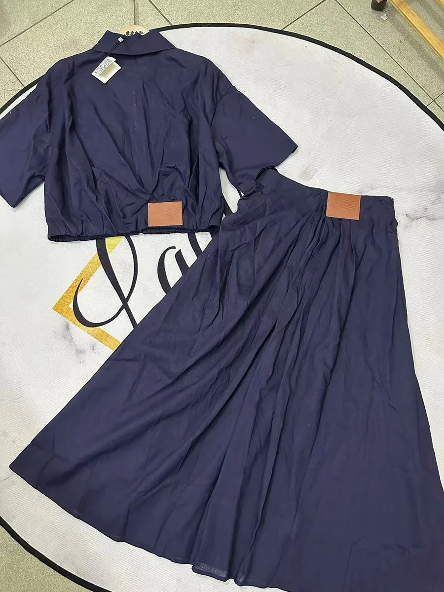 Solid Causal Two Piece Sets for Women Lapel Short Sleeves Spliced Zipper Top High Waist Skirt Set Female Fashion