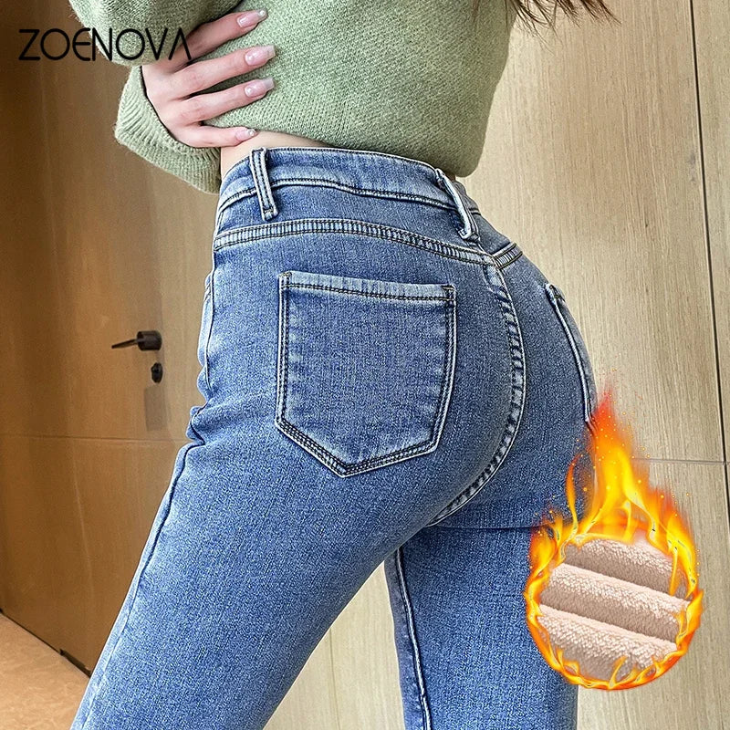 Autumn Winter Warm Fleece Women Jeans Elegant Skinny Stretch High Waist Fashion Mom Denim Pant Office Lady Slim Trousers