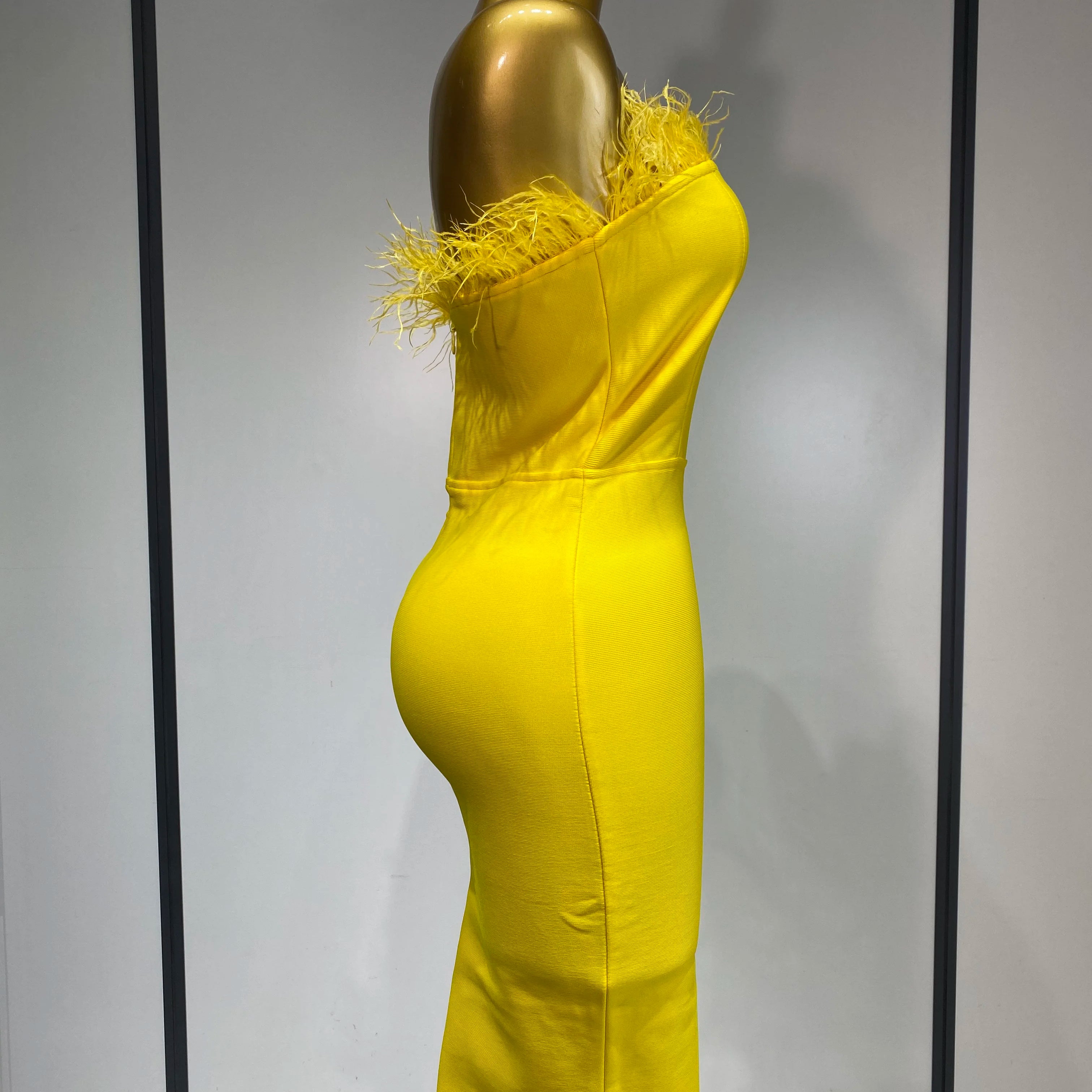 Women Sexy Backless Yellow Bodycon Bandage Dress Strapless Celebirty Elegant Feather Dresses Luxury Birthday Club Party Outfit