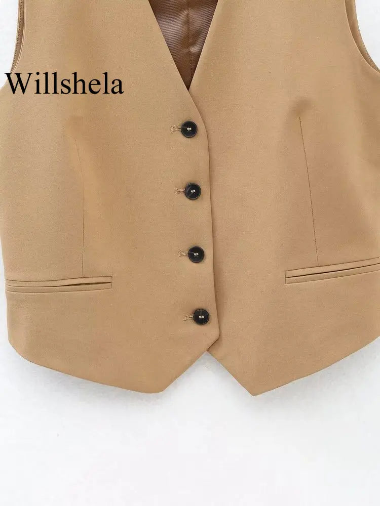 Willshela Women Fashion Khaki Cropped Vest V-Neck Single Breasted Sleeveless Female Chic Lady Outfit Short Top Tank