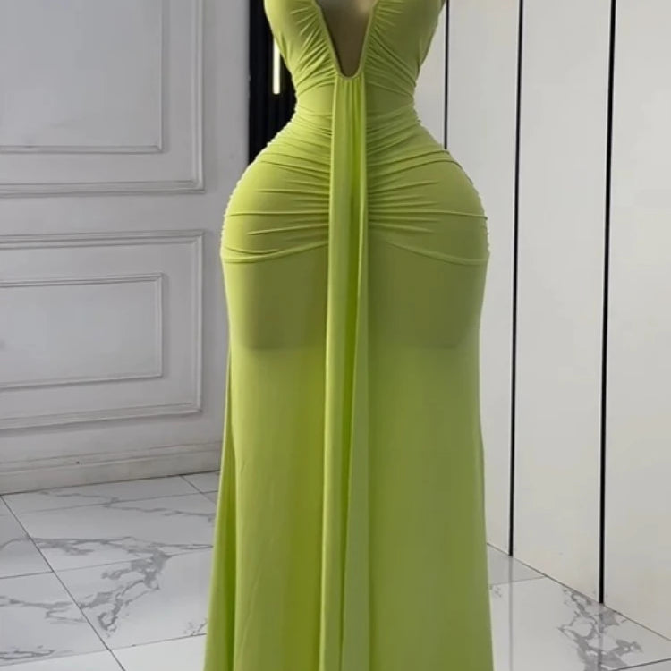 CM.YAYA Women Halter V-neck Stacked Ruched Backless Bodycon Midi Maxi Long Dress 2025 Vacation Birthday Sexy Party Club Dresses